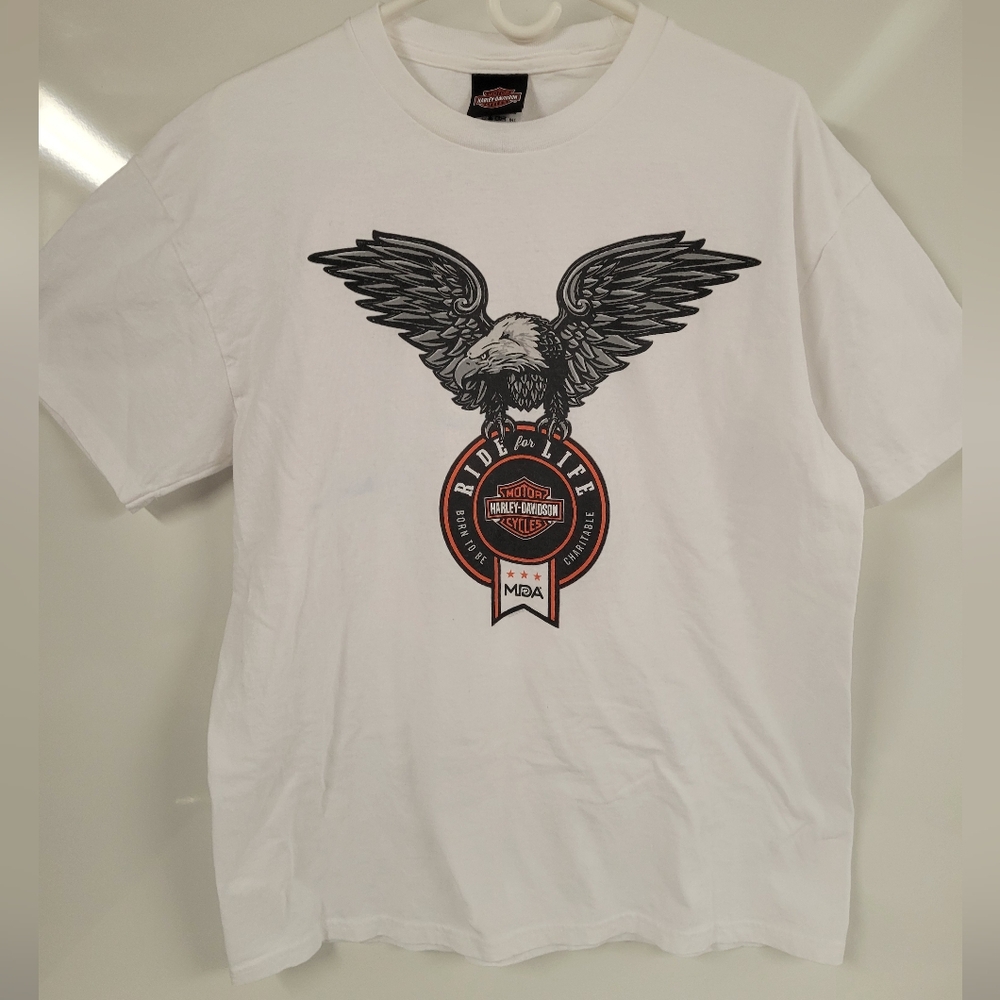 Harley-Davidson Large White T-Shirt Ride For Life MDA with Eagle Graphic.